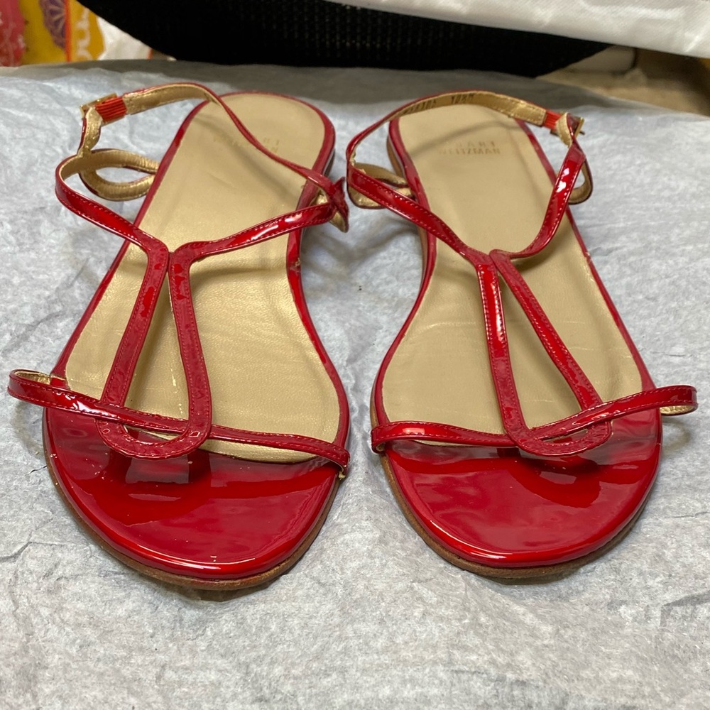 Stuart Weitzman Red Patent Leather T-Strap Sandals